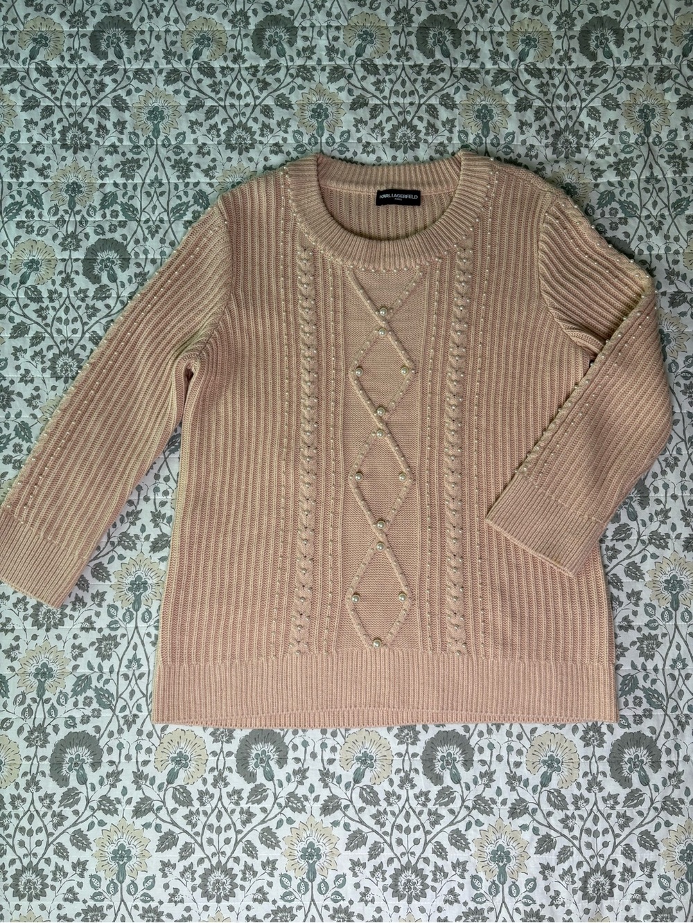 Karl Lagerfeld Cable Knit Pearl Detail Sweater - Blush Pink